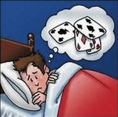 disegno di ragazzo che tenta di dormire ma è preoccupato dal vizio del gioco